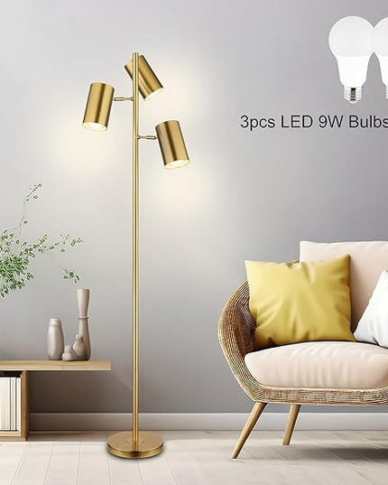 Tree Floor Lamp with 3 Light Bulbs,Gold Standing Tall Pole Lamp with 3 Adjustable Rotating Lights,Farmhouse Floor Lamp for Living Room Bedroom Office,Vintage Standing Lamp 9W E26 LED Bulbs Included - LeafyLoom