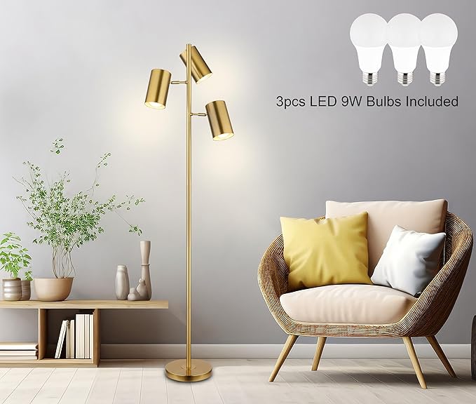 Tree Floor Lamp with 3 Light Bulbs,Gold Standing Tall Pole Lamp with 3 Adjustable Rotating Lights,Farmhouse Floor Lamp for Living Room Bedroom Office,Vintage Standing Lamp 9W E26 LED Bulbs Included - LeafyLoom