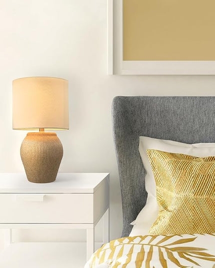 Globe Electric 61000049 18" Ceramic Table Lamp, Soft Beige Finish, White Linen Shade, On/Off Rotary Switch on Socket, Table Lamp for Living Room, Home Décor, Lamps for Bedroom, Room Décor - LeafyLoom