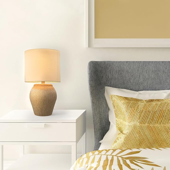 Globe Electric 61000049 18" Ceramic Table Lamp, Soft Beige Finish, White Linen Shade, On/Off Rotary Switch on Socket, Table Lamp for Living Room, Home Décor, Lamps for Bedroom, Room Décor - LeafyLoom