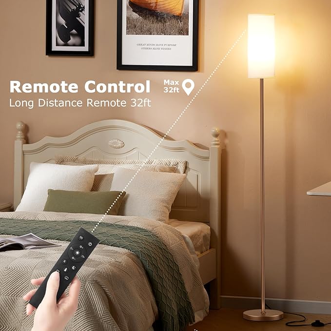 Ambimall 64'' Floor Lamps for Living Room with Remote Control and Stepless Dimmable Colors Temperature & Brightness, 9W Bulb Included(White Lampshade & Brown Pole) - LeafyLoom