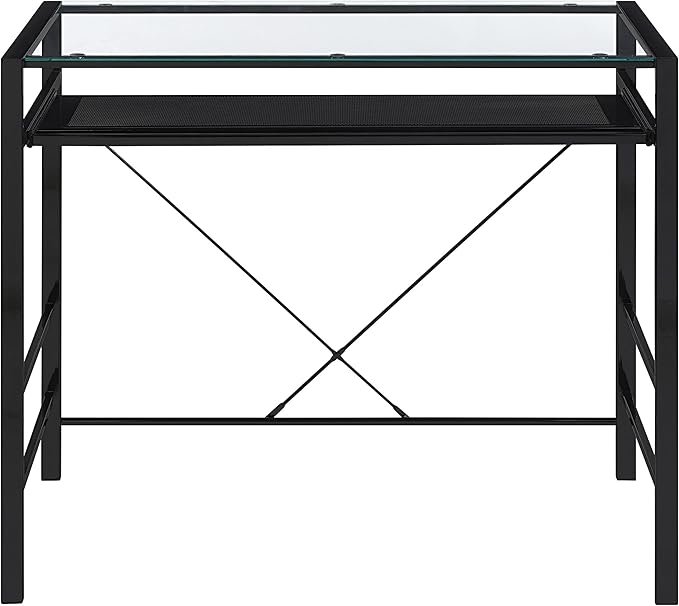OSP Home Furnishings Zephyr Computer Desk with Keyboard Shelf and Tempered Glass Top, Clear Glass and Black Frame, 36" W x 20" D x 30.25" H - LeafyLoom