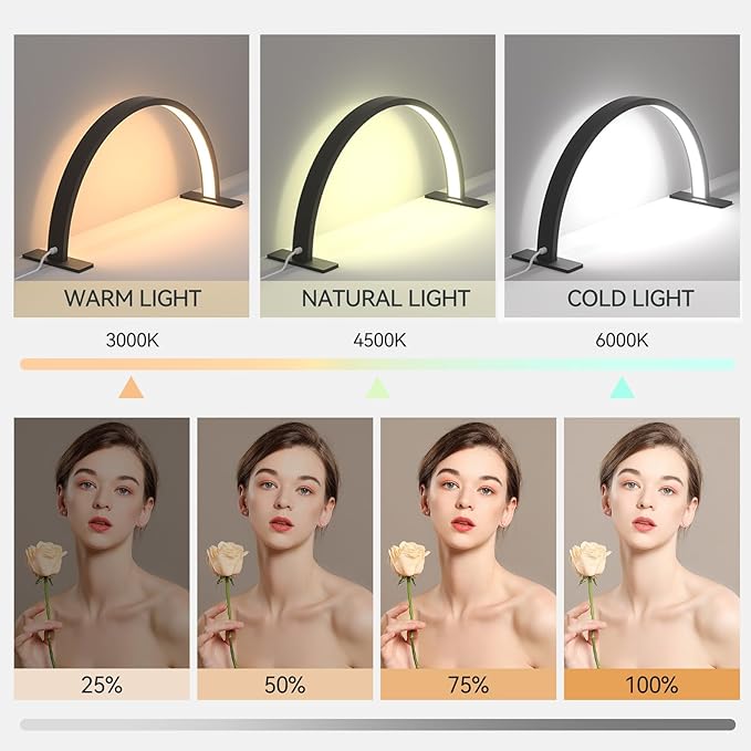 22inch Half Moon Light Nail Lamp for Desk, LED Nail Tech Lamp Lash Light for Professionals, Dimmable Lamp with Touch Controller, Color Temperature 3000K-6000K (Black) - LeafyLoom