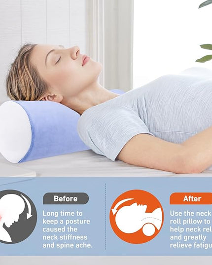 Neck Roll Pillow for Sleeping - Memory Foam Neck Roll Pillow for Neck & Leg Support - Multifunctional Bolster Pillow for Bed, Couch, Yoga, Office, and Travel, 16x6.3 Inch (Blue White) - LeafyLoom
