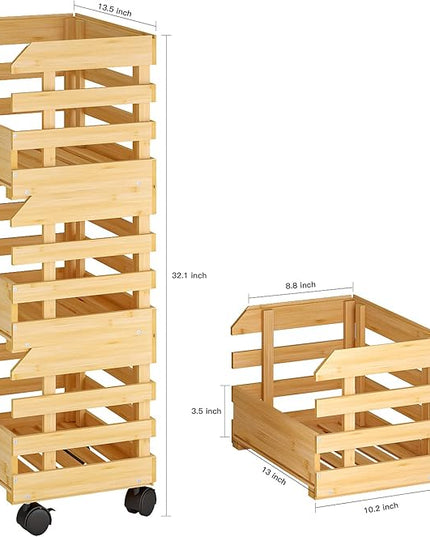 G.a HOMEFAVOR Bamboo Fruit Basket Stand, Potato and Onion Storage Cart, 3-Tier Fruit Basket with Wheels, Vegetable Storage for Kitchen Floor (Self-assembly) - LeafyLoom