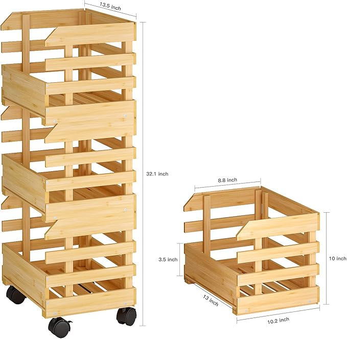 G.a HOMEFAVOR Bamboo Fruit Basket Stand, Potato and Onion Storage Cart, 3-Tier Fruit Basket with Wheels, Vegetable Storage for Kitchen Floor (Self-assembly) - LeafyLoom