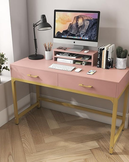 WESTREE Women Makeup Vanity Desk with 2 Drawers - Bedroom Home Office Desk, Wooden Height Monitor Stand & Storage Shelf without Mirror, Pink Table Great Gift for Her - LeafyLoom