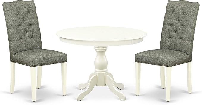 East West Furniture HBEL3-LWH-07 Hartland 3 Piece Modern Dining Set Contains a Round Wooden Table with Pedestal and 2 Gray Linen Fabric Upholstered Parson Chairs, 42x42 Inch - LeafyLoom