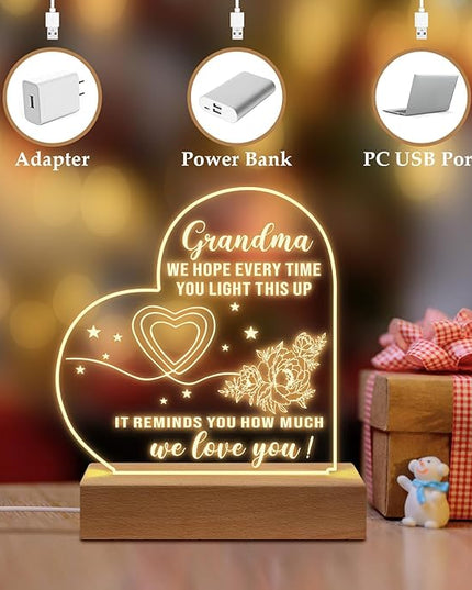 Grandma Gifts from Granddaughter, to My Grandma Acrylic Engraved Night Light with Base, Birthday Gifts, Mothers Day Gifts for Grandma from Grandchildren - LeafyLoom