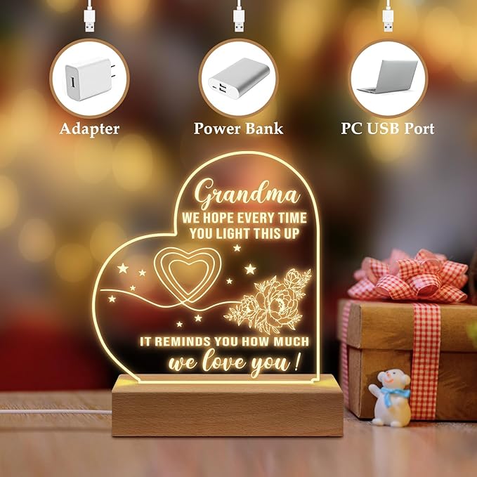 Grandma Gifts from Granddaughter, to My Grandma Acrylic Engraved Night Light with Base, Birthday Gifts, Mothers Day Gifts for Grandma from Grandchildren - LeafyLoom