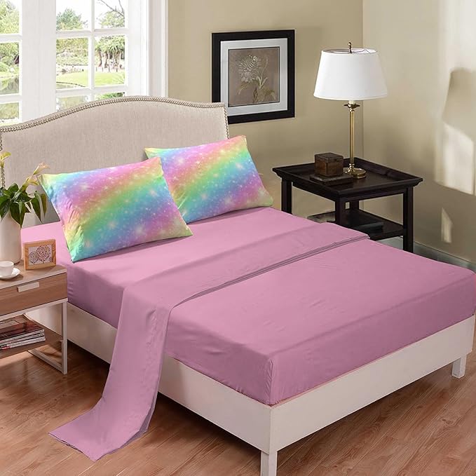 NINENINE Rainbow Bedding Girls Full Size Comforter Sets 5PCS Girls Pink Bedding Set Teen Girl Comforter Set(1Comforter, 1Flat Sheet, 1Fitted Sheet, 2Pillowcases)… - LeafyLoom