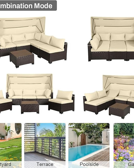 6 PCS Outdoor Patio Furniture Set,Sectional Sofa Set,Rattan Daybed with Retractable Canopy,Adjustable Backrest,Storage Coffee Table,Chaise Chair Sunbed for Porch Garden Poolside Backyard(Beige) - LeafyLoom