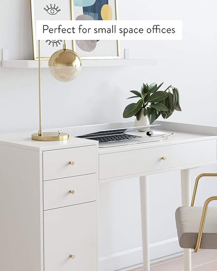 Nathan James Daisy Vanity Dressing Table or Makeup Desk with 4-Drawers and Brass Accent Knobs, White Wood - LeafyLoom