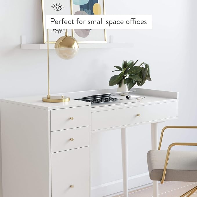 Nathan James Daisy Vanity Dressing Table or Makeup Desk with 4-Drawers and Brass Accent Knobs, White Wood - LeafyLoom