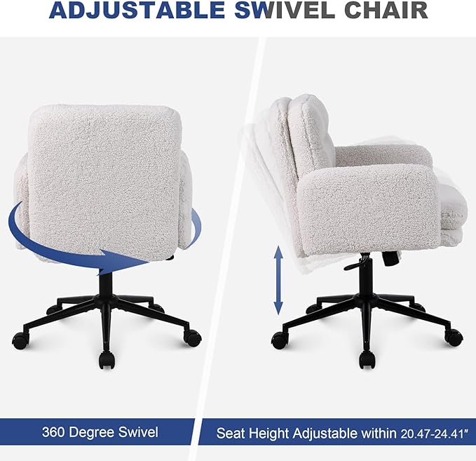 Adjustable Height Home Office Chair, Modern Mid Back Computer Desk Chair with Wheels, Ergonomic Upholstered Swivel Chair, Cream - LeafyLoom