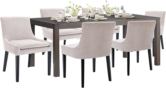 COLAMY 7-Piece Dining Table Set for 6, 60" Kitchen Wood Table with 6 Corduroy Dining Room Chairs, Brown/Beige - LeafyLoom
