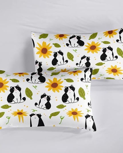 Kawaii Cat Comforter Full Size,Sunflower Cat Comforter Set for Kids Teens Girls Boys,3Pcs Bedding Set Printed Comforter with 2 Pillowcases,Down Alternative,Soft and Lightweight，Full Size - LeafyLoom