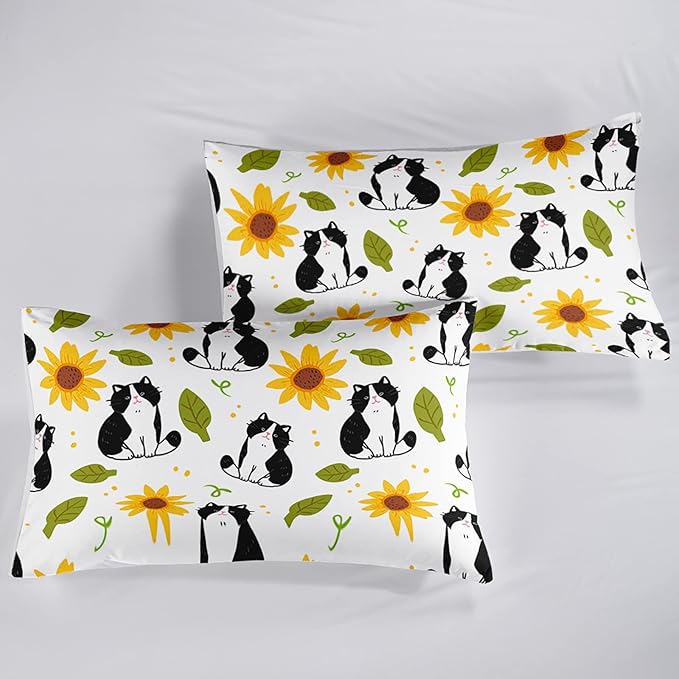 Kawaii Cat Comforter Full Size,Sunflower Cat Comforter Set for Kids Teens Girls Boys,3Pcs Bedding Set Printed Comforter with 2 Pillowcases,Down Alternative,Soft and Lightweight，Full Size - LeafyLoom