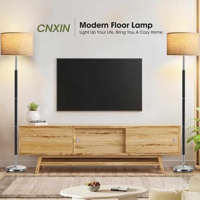 Bright Floor Lamps with 3 Color Temperatures(3000K/4000K/6000K) Standing Lamps with Beige Linen Lampshade Pole Lamp with Pull Chain Switch for Bedroom Office, 9W Bulb Included, Black and Silver - LeafyLoom