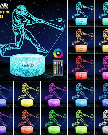 Baseball Night Light for Kids, 16 Colors Changing Baseball Sport Gifts Dimmable Bedside Lamp with Remote Control, Xmas Birthday Gifts for Kids Baseball Fans (Baseball Hitter) - LeafyLoom