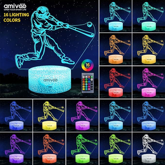 Baseball Night Light for Kids, 16 Colors Changing Baseball Sport Gifts Dimmable Bedside Lamp with Remote Control, Xmas Birthday Gifts for Kids Baseball Fans (Baseball Hitter) - LeafyLoom
