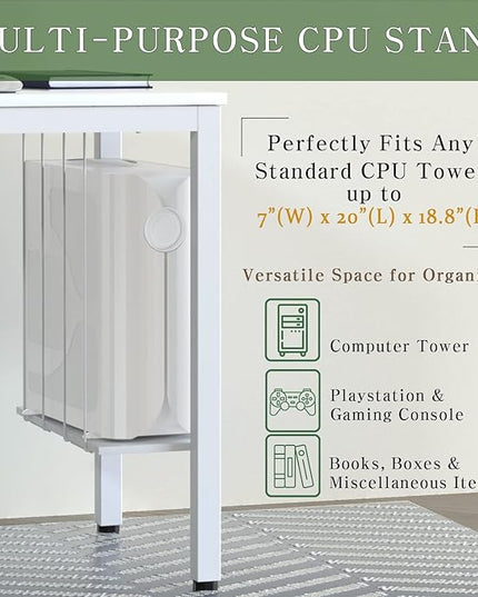 White Computer Desk 47" Writing Desk Study Table with CPU Storage Shelf for Home Office, Workstation, Office, Gaming Room- Sturdy Stable White Metal Frame - LeafyLoom