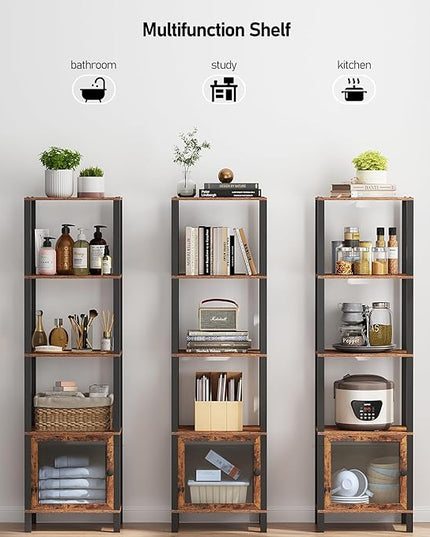 TUTOTAK 5 Tier Bookcase and Bookshelf, Narrow Book shelf with Door for Small Space, for Living Room, Office, Study, Entryway, Brown BS03BB005 - LeafyLoom