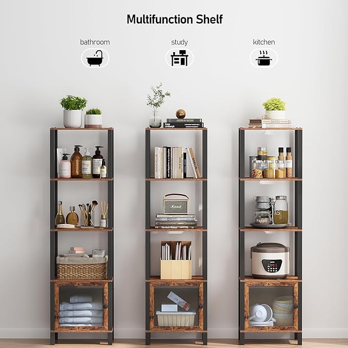TUTOTAK 5 Tier Bookcase and Bookshelf, Narrow Book shelf with Door for Small Space, for Living Room, Office, Study, Entryway, Brown BS03BB005 - LeafyLoom