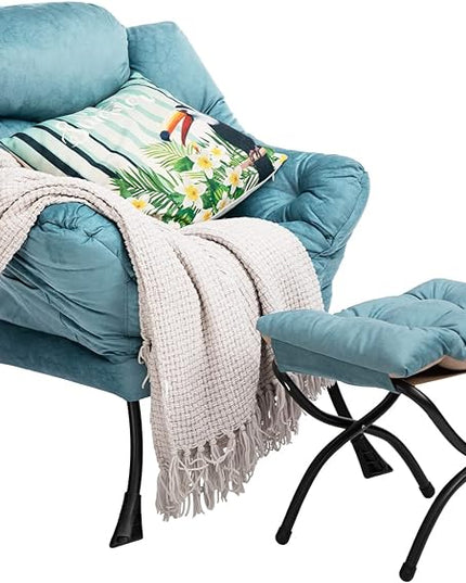 HollyHOME Fabric Lazy Chair with Foldable Ottoman, Accent Comfy Lounge Arm Chair and Folding Footrest Stool Set, Leisure Sofa Reading Chair and Footstool for Living Room, Bedroom, Dorm, Blue - LeafyLoom