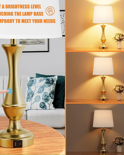 Touch Lamps for Bedrooms Set of 2 - Nightstand Table Lamp with USB C+A, 3 Way Dimmable Bedside Lamps for Living Room End Tables Set of 2, Farmhouse Night Stand Lamps(White&Gold) - LeafyLoom