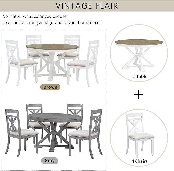 NicBex Dining Table for 4 Kitchen Table and Chairs 5-Piece Retro Functional Dining Table Set Extendable Round Table and 4 Upholstered Chairs for Dining Room and Living Room, Brown + Antique White - LeafyLoom