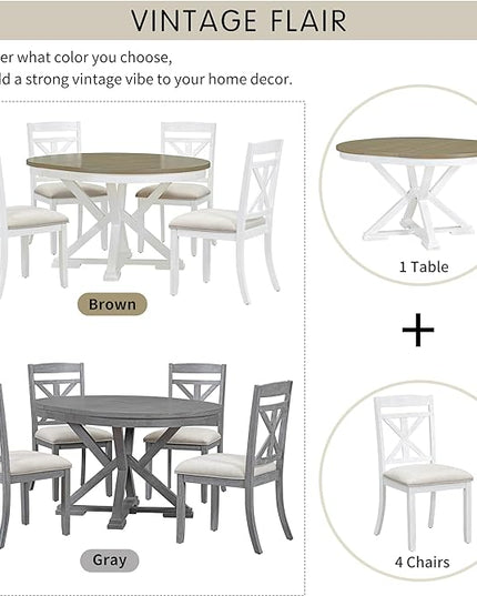 Retro Style 5 Piece Set with Extendable Round Table and 4 Upholstered Chairs, Full Assembly Required and Easy Clean, for Dining Room, Kitchen, Brown+Antique White - LeafyLoom