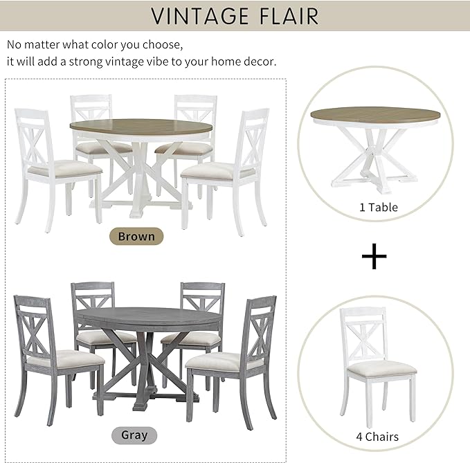 Retro Style 5 Piece Set with Extendable Round Table and 4 Upholstered Chairs, Full Assembly Required and Easy Clean, for Dining Room, Kitchen, Brown+Antique White - LeafyLoom