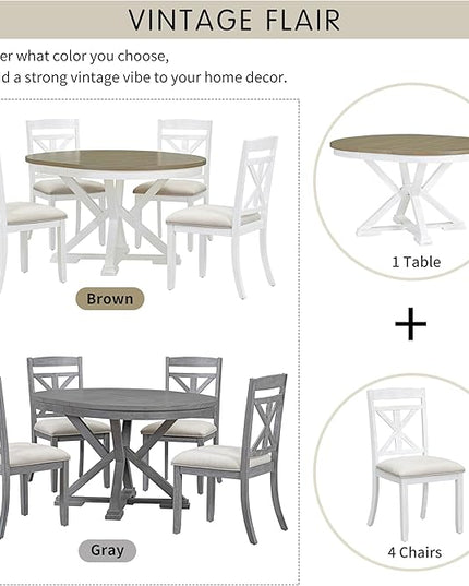 Merax 5-Piece Retro Functional Dining Set Extendable Round Table and 4 Upholstered Chairs, White - LeafyLoom