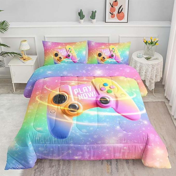 Datura home Bedding Comforter Set Rainbow Gamepad Printed Pattern Quilt with 1 and 2 Pillowcases for Girls Bedroom All Season(Rainbow Queen) Queen 90x90inches - LeafyLoom