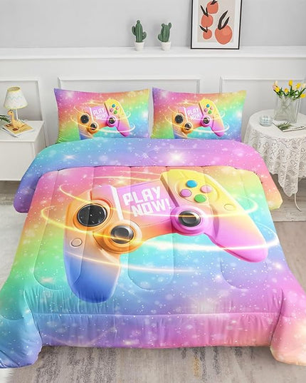 Datura home Bedding Comforter Set Rainbow Gamepad Printed Pattern Quilt with 1 and 2 Pillowcases for Girls Bedroom All Season(Rainbow Full) Full 80x90inches - LeafyLoom