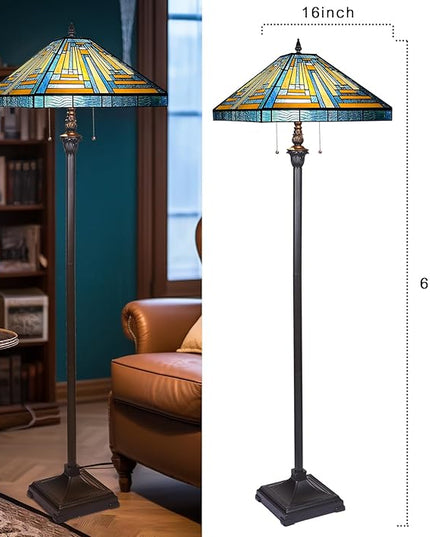 Capulina Tiffany Floor Lamp 2-Light 16X16X63 Inches Blue Amber Mission Antique Style Stained Glass Standing Reading Light for Living Room Bedroom Home Office - LeafyLoom