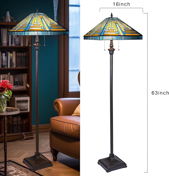 Capulina Tiffany Floor Lamp 2-Light 16X16X63 Inches Blue Amber Mission Antique Style Stained Glass Standing Reading Light for Living Room Bedroom Home Office - LeafyLoom