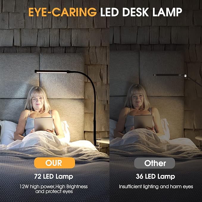 LED Desk lamp with Clamp, Eye-caring Clip on Lights for Home Office, 3 Modes 10 Brightness, Long Flexible Gooseneck,Metal, Swing Arm Architect Task Table Lamps with USB Adapter, Black - LeafyLoom