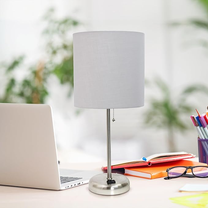 Simple Designs LT1144-GRY Sleek and Slender Brushed Steel Table Lamp with Charging Outlet, for Bedroom, Living Room, Entryway, Office, Dining Room, Study, Gray Shade - LeafyLoom