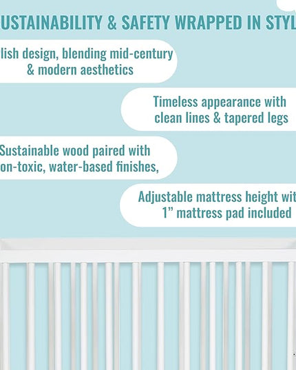 Lucas Mini Modern Crib with Rounded Spindles in White , 39x25.5x33 Inch (Pack of 1) - LeafyLoom