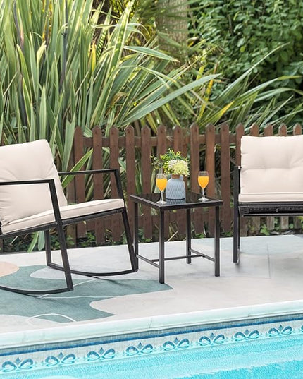 Greesum 3 Pieces Rocking Wicker Bistro Set, Patio Outdoor Furniture Conversation Sets with Porch Chairs and Glass Coffee Table, Beige - LeafyLoom