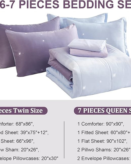 Girls Comforter Set Twin Size 6 Pieces Colorful Ombre Purple Rainbow Bedding Set Bed in A Bag for Kids Teen Girls (1 Comforter, 1 Flat Sheet, 1 Fitted Sheet, 1 Pillow sham, 2 Pillowcases) - LeafyLoom