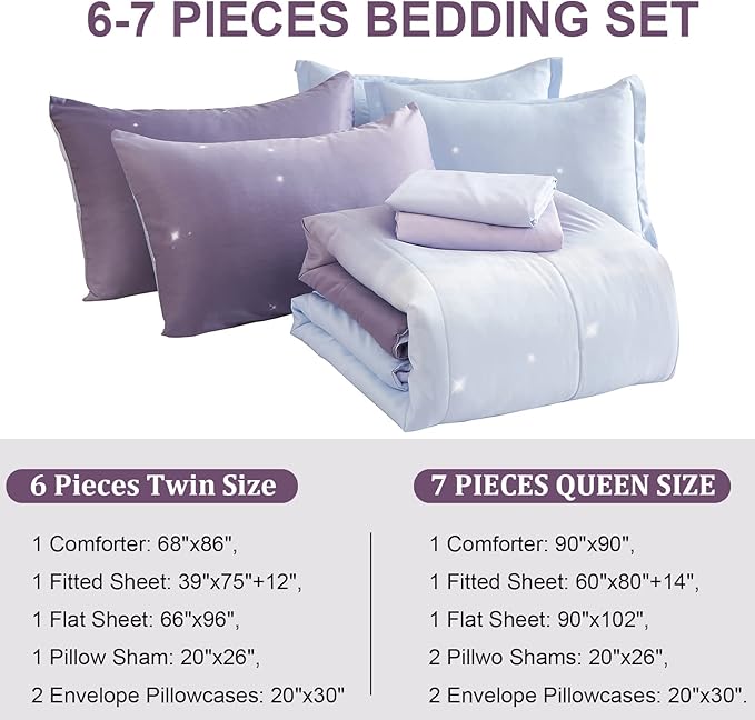 Girls Comforter Set Twin Size 6 Pieces Colorful Ombre Purple Rainbow Bedding Set Bed in A Bag for Kids Teen Girls (1 Comforter, 1 Flat Sheet, 1 Fitted Sheet, 1 Pillow sham, 2 Pillowcases) - LeafyLoom