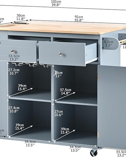 Kitchen Island Drop Leaf & Power Outlet, Mobile Cart w/Open Storage Wine Rack, Lockable Universal Wheels and Unfolded Tabletop, for Home, Dining Room, Grey Blue, 39.8 Inch - LeafyLoom