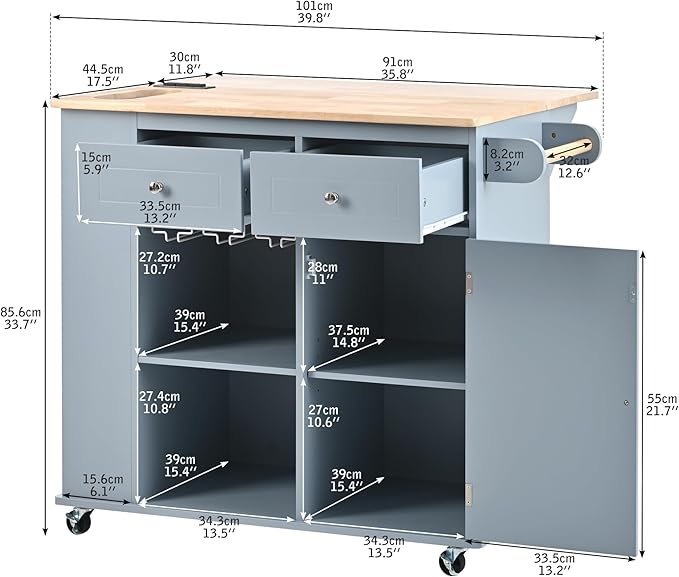 Kitchen Island Drop Leaf & Power Outlet, Mobile Cart w/Open Storage Wine Rack, Lockable Universal Wheels and Unfolded Tabletop, for Home, Dining Room, Grey Blue, 39.8 Inch - LeafyLoom