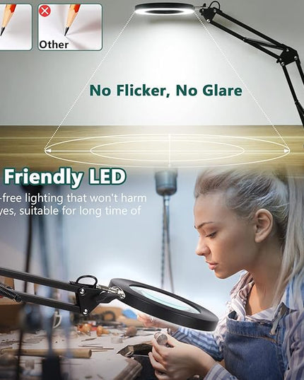 Magnifying Glass with Light and Stand, Veemagni 8X Real Glass 2-in-1 Desk Lamp & Clamp, 3 Color Modes Stepless Dimmable, LED Lighted Magnifier with Light for Hobby Reading Crafts Repair Close Works - LeafyLoom