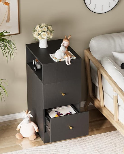 White Nightstand with Two Drawers,Chest of Drawers for Bedroom with Side Opening Storage Rack,3 Tiers Modern Night Table for Bedroom Storage Furniture (Blcak,Right Angle) - LeafyLoom