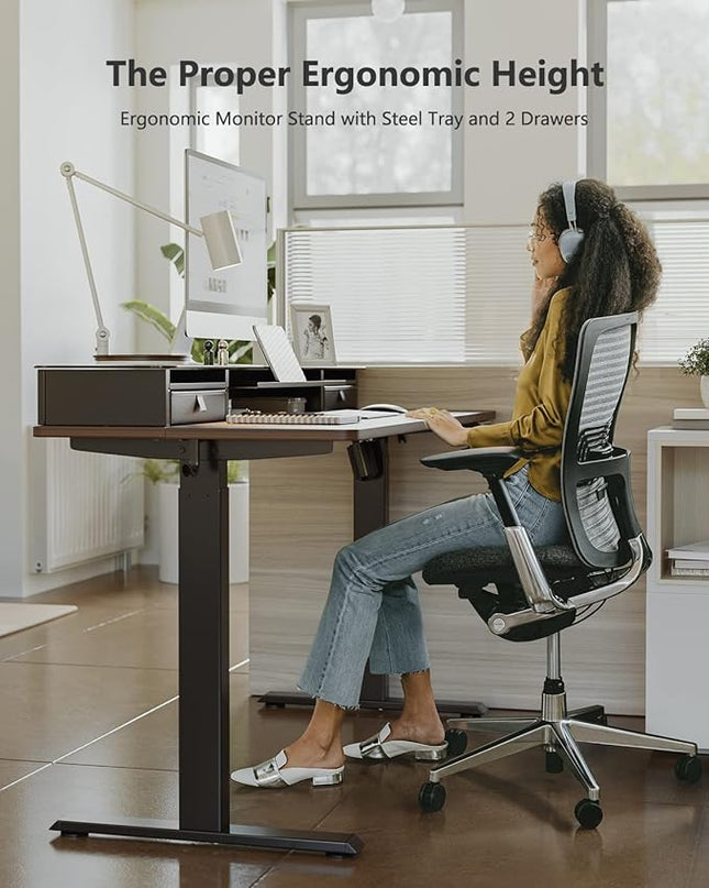 BANTI 48"x 26" Electric Standing Desk with Glass Top Monitor Stand, Adjustable Sit Stand Up Table with Double Drawer, Sit Stand Desk with Storage Shelf, Black Walnut Top - LeafyLoom