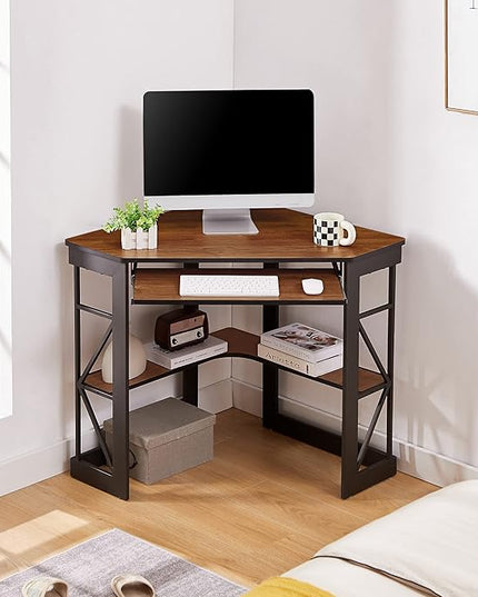 VECELO Corner Computer Desk 41 x 30 inches with Smooth Keyboard & Storage Shelves for Home Office Workstation, Teak - LeafyLoom